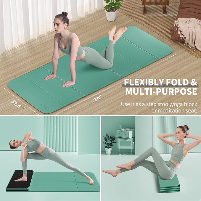 Foldable Extra Large Yoga Mat 74"×31.5", 8mm Double-Sided Non Slip Lightweight Fitness Mat for Man & Woman, Portable for Home Studio & Travel