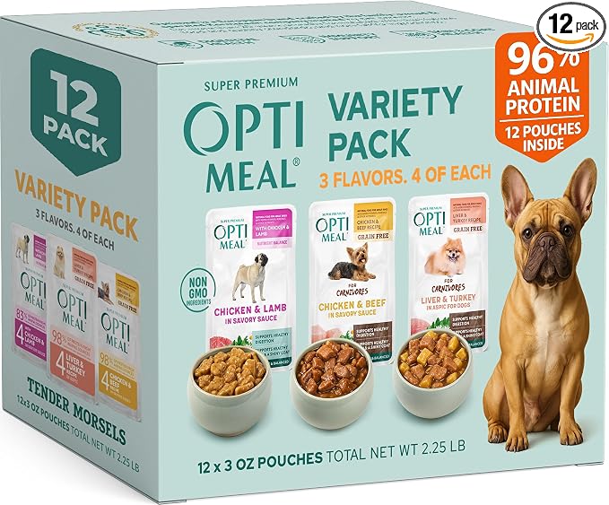 Optimeal Wet Dog Food Small Breed Variety Pack - Grain Free Recipe High Protein Tender Morsels in Aspic Made with Natural Ingredients for Adult Dogs, Premium Nutrition Pouches - 3oz Pouch (Pack of 12)