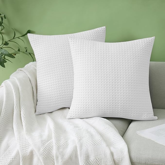100% Egyptian Cotton 600 TC Waffle Weave Throw Pillow Covers 2 Pack | Ultra Soft Breathable Euro Pillow Shams Covers, Decorative Cushion Covers for Bed Couch Sofa Car, White, 20" x 20"