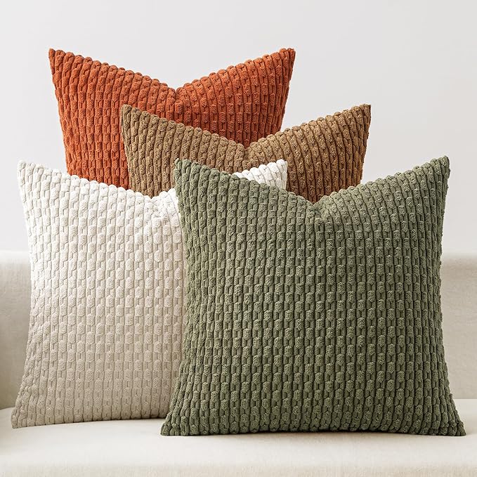 MIULEE Camel Green Decorative Throw Pillow Covers for Couch Living Room 18x18 Inch Soft Pillow Cases Set of 4 Boho Striped Corduroy Farmhouse Cushion Covers Home Decor for Sofa Bed