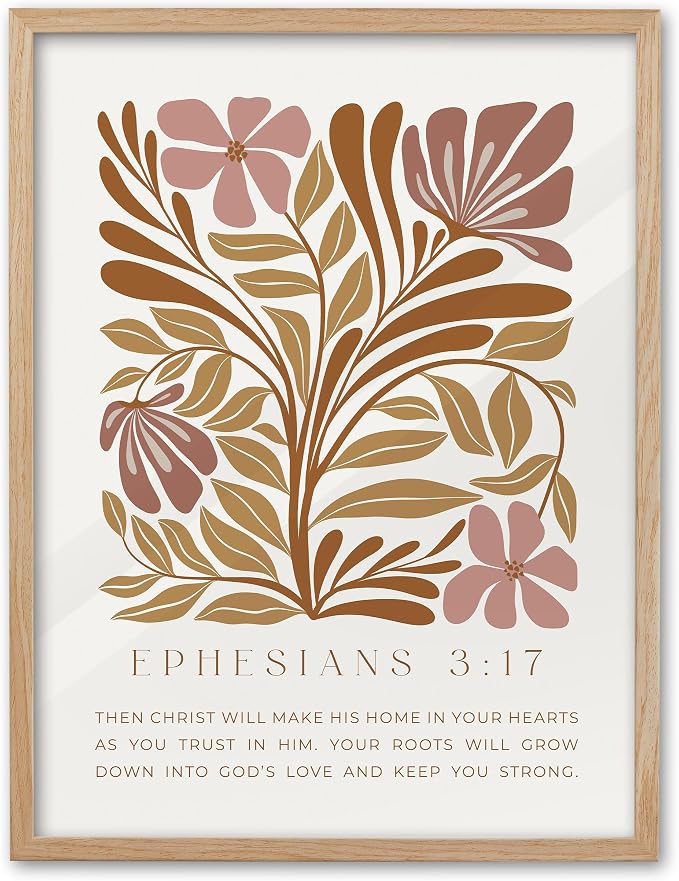 EcoHest 12x16 in Ephesians 3:17 Abstract Floral Framed Christian Wall Art | Natural Oak Wood Frame with Canvas Wall Art, Scripture Bible Verse Wall Decor for Bedroom, Living Room, Office, Church, 1Pack