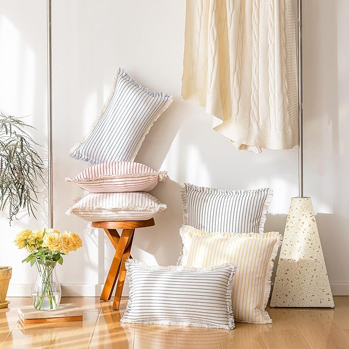 YEENAASY Throw Pillow Covers 20x20 Boho Striped Pillow Cases with Tassel | Set of 2 Fringe Pillow Cover Farmhouse Cushion Covers Neutral Pillows Decorative Square Pillowcase for Couch Sofa Bed, Grey
