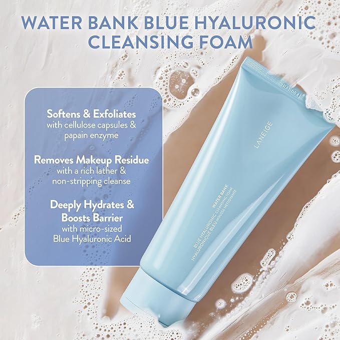 LANEIGE Water Bank Cleansing Foam: Hydrating Face Wash and Makeup Remover with Hyaluronic Acid & Papain Enzyme for Smooth,Soft Skin,(Pack of 2)