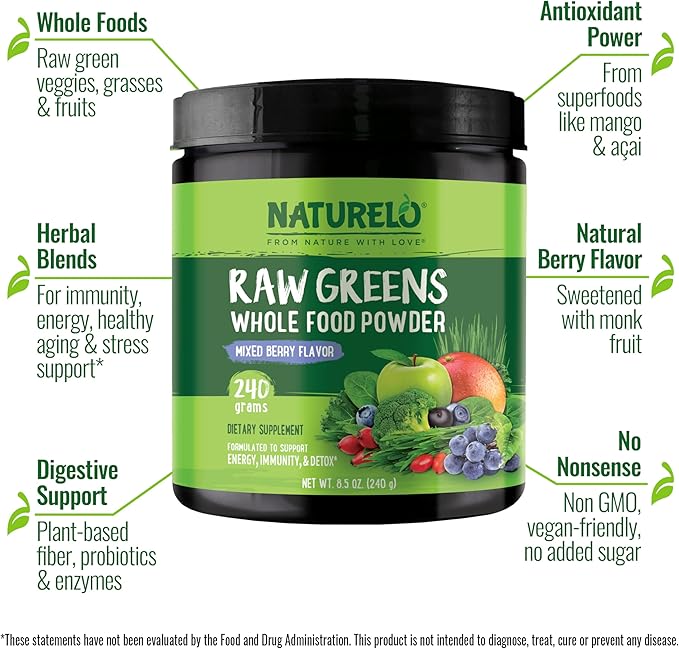 NATURELO Raw Greens Superfood Powder 240 Grams, Mixed Berry - Supports Energy, Immunity and Detox - Includes Spirulina, Wheat Grass and Organic Greens for Whole Food Nutrition
