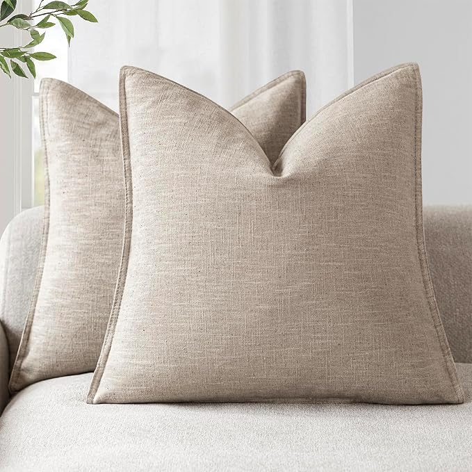 Foindtower Set of 2, Decorative Linen Solid Throw Pillow Covers Soft Accent Cushion Euro Case Boho Farmhouse Pillowcase for Chair Couch Sofa Bedroom Living Room Home Decor 16 x 16 Inch Natural Linen