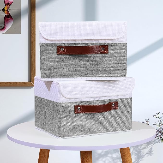 ANMINY Fabric Storage Box Bins with Lids, Gray White, 10"x8"x7", 4 Pack | Keepsake Memory Storage, Cotton Linen, PP Board Reinforced, Washable, PU Handles, Foldable & Stackable, Decorative, Small