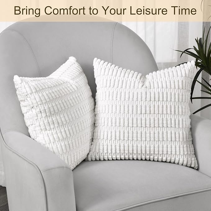 Volcanics Pack of 2 Pure White Decorative Throw Pillow Covers 18x18 Inch | Soft Corduroy Striped Square Cushion Cases, Modern Farmhouse Boho Home Decor for Couch Bed Sofa Living Room