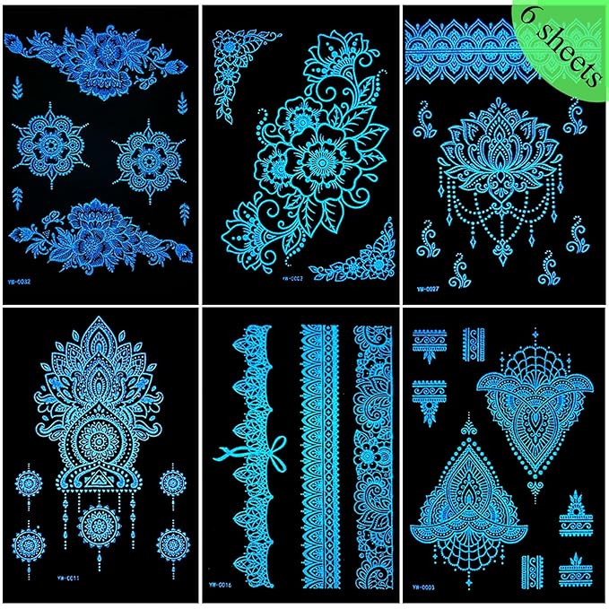 Blue Luminous Henna Tattoo Stickers Glow-in Dark Henna Temporary Decal for Women Flower Sexy Lace Fake Sticker for Halloween Wedding Night Glitter Party Supply