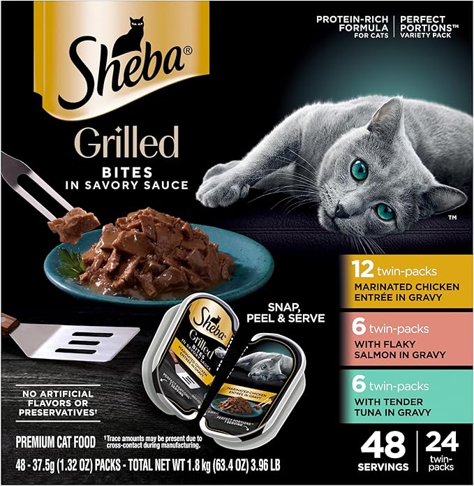 Sheba Perfect Portions Grilled Bites Wet Cat Food, Variety, 2.6 oz, 24 ct | Chicken, Salmon & Tuna variety, 48 servings, snap-peel-serve twin-pack trays, complete & balanced, vitamins & minerals