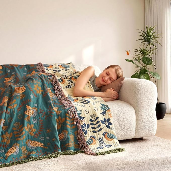 LUTBM Boho Throw Blanket for Couch 50"x60", 100% Cotton Soft Bed Blankets | Reversible Floral Birds Embroidery Throws, All-Season, For Chair Sofa Living Room Bedroom, Lightweight Breathable, Home Decor