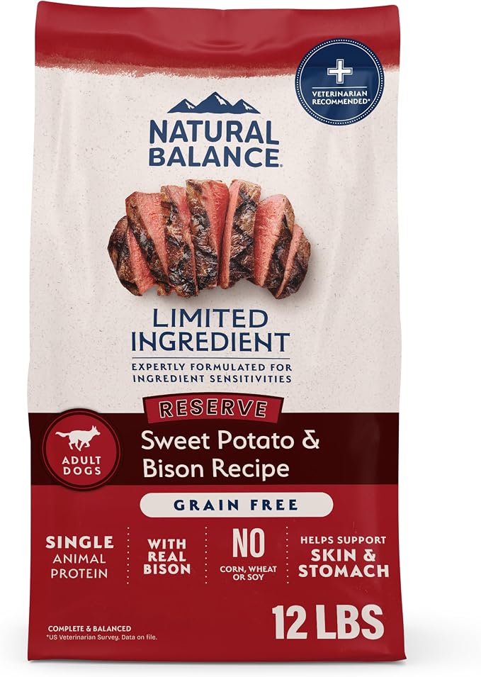 Natural Balance Limited Ingredient, Reserve Sweet Potato & Bison, 12 lb | Grain-Free Dry Dog Food, Balanced Nutrition for Adult Dogs with Sensitivities, Skin and Stomach Support