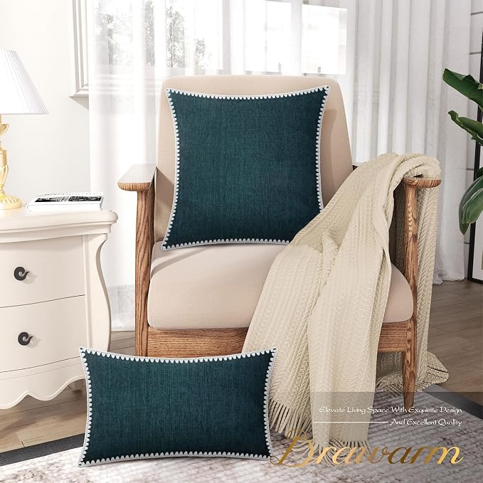 BRAWARM Chenille Throw Pillow Covers 22x22 Inches, Deep Lagoon, 2 Pack | Decorative Pillow Covers with Shell Edge, Soft Cushion Cases for Sofa Bed Living Room Home Farmhouse (No Insert)