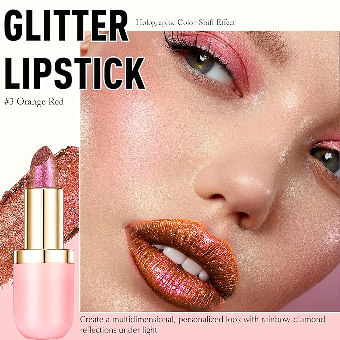 Red Orange Lipstick Glitter Makeup, Holographic Metallic Lip Stick Long Lasting Lightweight Non-Sticky Hydrating Lip Tinted Full Coverage Shimmer Chameleon Lipstick for Women