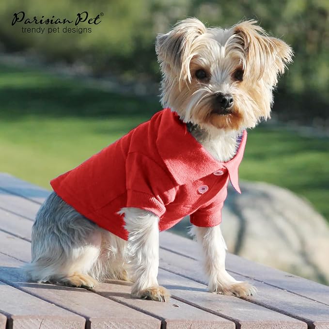 Parisian Pet Dog Polo Shirt – Classic Red Cotton Pet Apparel with Collar & Buttons, Soft Breathable Puppy T-Shirt, Cute Dog Clothes - Ideal Summer Clothes for Large Dogs - Shirts for Dogs Boy Girl