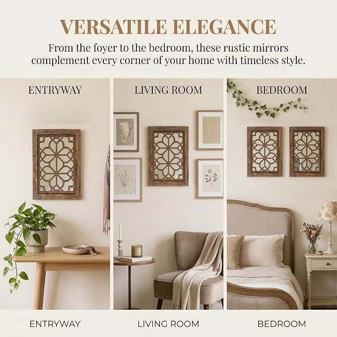 Set of 2 11x15 Inch Rectangular Shatterproof Maroon Decorative Wall Mirrors, Boho Farmhouse Rustic Vintage Accent Mirrors for Living Room Bedroom Entryway & Home Decor