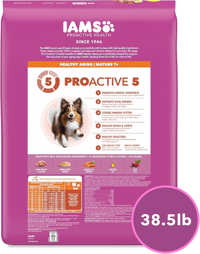 IAMS Proactive Health Healthy Aging Dry Dog Food, Chicken, 38.5 lb | Veterinarian-recommended, DHA Gold for mental & visual sharpness, Vitamin E & Beta Carotene, real chicken #1 ingredient