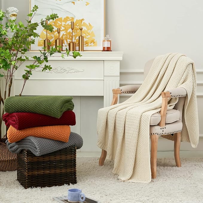 Chunky Cable Knit Throw Blanket Lightweight Olive Green 100% Organic Cotton Blanket for Sofa Couch Bed Baby Nursery, Rustic Shabby Chic Modern Farmhouse, 51” x 63” Give Laundering Bag