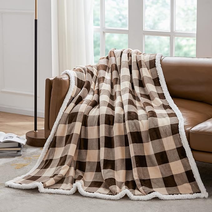 Sherpa Buffalo Plaid Christmas Twin Blanket 60" X 70", Fuzzy Fluffy Soft Cozy Throw Blanket, Fleece Flannel Plush Microfiber Blanket for Couch Bed Sofa(Brown)