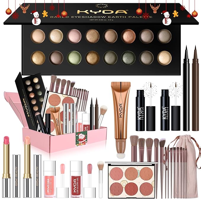 KYDA 24Pcs All In One Makeup Kit, Christmas Makeup Gift Full Kit Includ Eyeshadow,Freckle Pen,Lipstick,Lip Oil,Eyeliner,Contour, 13 Brushes, Professional Makeup Set for Women Beginners Teenager Girls