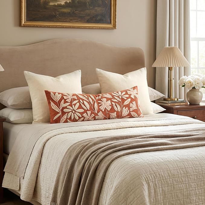 Long Lumbar Pillow Cover 14x36 for Bed, Rust Terracotta Floral Tufted Velvet Accent Oversize Throw Pillowcase for Bedroom, Cover Only
