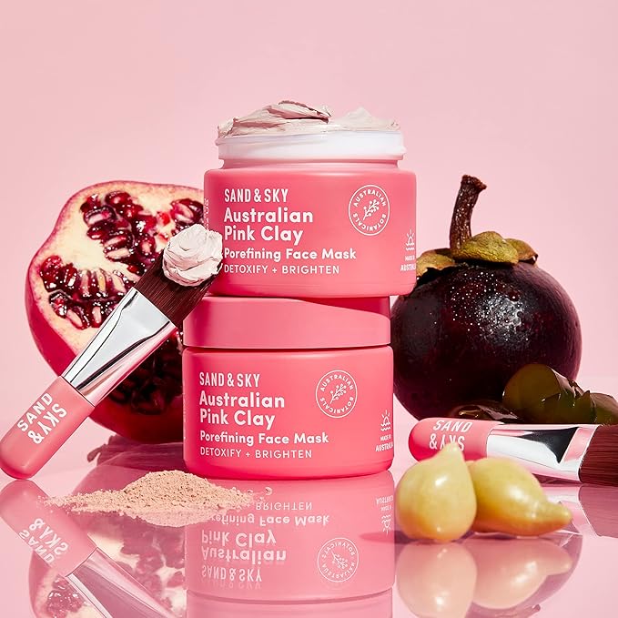 Sand & Sky Clay Mask for Face Pore Minimizer - Australian Pink Clay Detoxifying Face Mask for Pores, Kaolin Clay Mask, Brightening Vitamin C Formula, Brush Included