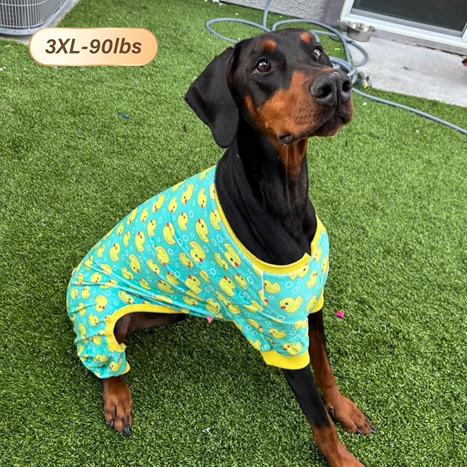 KYEESE Velvet Dog Pajamas for Medium Large Dogs Soft Onesie, Yellow Duck | 4-Way Stretch, Lightweight & Breathable, Reduces Shedding, Gentle on Sensitive Skin, Recovery Support, Easy Potty Breaks