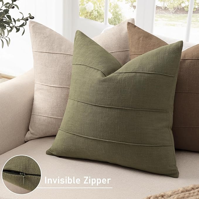 Christmas Linen Throw Pillow Covers 22x22 Set of 2 Solid Handcrafted Striped Cushion Covers for Bed Soft Xmas Decorative Pillow Covers for Couch Bedroom Living Room Christmas Decor(Olive Green)