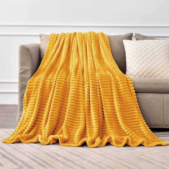 BEDELITE Ribbed Mustard Yellow Fleece Throw Blanket for Couch, 50x70 Inch | Soft Warm Decorative Fluffy Blanket, Cozy Plush Lightweight Fuzzy Throw Blanket for Bed Sofa Home Room Decor, Gift for Women