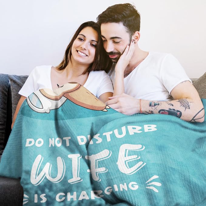 Leebbsin Funny Gifts for Wife, Anniversary Wedding Gifts for Wife | Wife is Charging Sloth Blanket 60" x 50", Cyan, Christmas Mothers Day Birthday Gift for Wifey from Husband