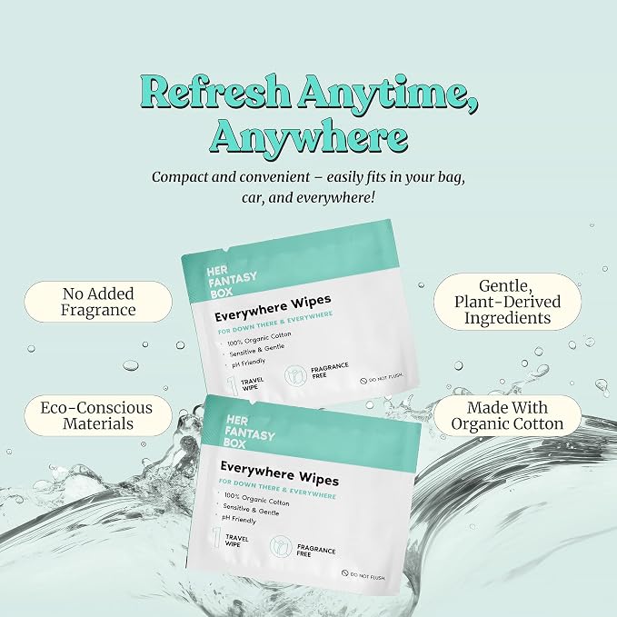 Her Fantasy Box | Everywhere Wipes – 100% Organic Cotton, Gentle & Refreshing, pH-Balanced, Fragrance-Free, Plant-Powered for Body, Face & Intimate Areas, Ideal for Sensitive Skin - 4 Pack, 60 Wipes