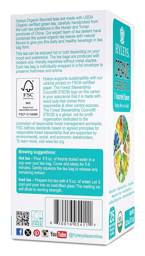 HYLEYS Organic Green Tea, 7 Assorted Flavors - 150 Individually Wrapped Tea Bags (6 Pack of 25) - Includes Soursop, Blueberry, Moroccan Mint and More - USDA Organic - Kosher & Vegan