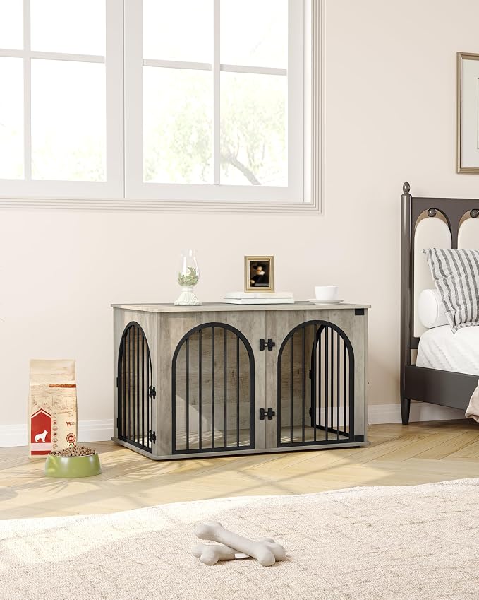 Hzuaneri 39.4'' Dog Crate Furniture,Dog Kennel Indoor for Medium/Large Dogs | Dog Kennel Furniture Wooden Dog Cage Heavy Duty Dog Crate Decorative Pet House End Side Table TV Stand,Greige Black DFC84105B