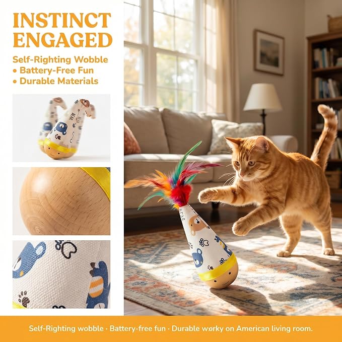 Natural Beechwood Cat Toy, 2-Pack Weeble Wobble Tumbler Toy for Indoor Cats & Small Dogs, Self-Righting Interactive Toy with Colorful Feathers, Silent Battery-Free Play for Solo Exercise
