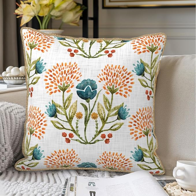 KSLIDS Floral Leaf Soft Velvet Throw Pillow Covers Set of 2 Orange Flowers Sage Green Leaves Decorative Pillow Covers 18x18 Inch Farmhouse Pillow Case for Sofa Couch Living Room Home Decor