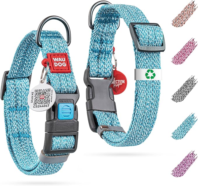 WAUDOG Reflective Cotton Dog Collar Eco-Friendly Alt to Nylon Collar for Small Medium and Large Dogs - Pet Collar with QR ID Tag - Puppy Collar for Large Breed Dogs - Adjustable Male Female Dog Collar