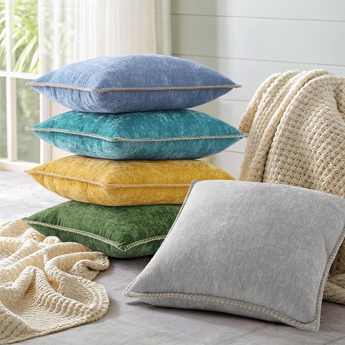 decorUhome Soft Chenille Throw Pillow Covers 22x22 Set of 2 Forest Green | Fall Textured Decorative Throw Pillow Cases Stitched Edge Modern Farmhouse Luxury Boho Velvet for Couch Sofa Bed Home Decor