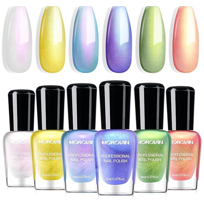 Morovan Pearl Nail Polish Set: Aurora Ombre Shimmer Iridescent Mermaid Spring Pastel Fingernail Polish Kit Blue Purple Pink Glitter Sparkle Quick Dry Nail Art Design Gift for Women Girls