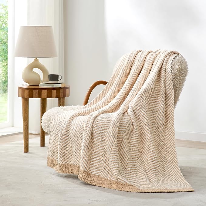 Snuggle Sac Herringbone Throw Blanket for Couch, Reversible Super Soft Warm Blankets Cozy Knit Fuzzy Plush Lightweight Throws for Sofa, Bed, Camping, Beige, 50x60 inches