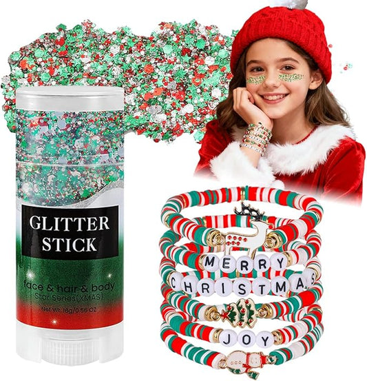 Mysense Red Silver Green Body Glitter Stick and 6 Pack Joy & Merry Christmas Bracelets Set,Christmas Gifts for Grandkids Teens Women,Festive Stocking Stuffers,Party Favors and Decorations