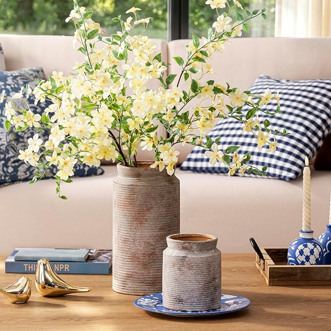 Ceramic Flower Vase 7.5 inch Farmhouse Rustic Vase for Home Decor Handcrafted Pottery Terracotta Vases for Dining Table Decor Fireplace Living Room Bathroom Wedding Centerpiece (M-Terracotta)
