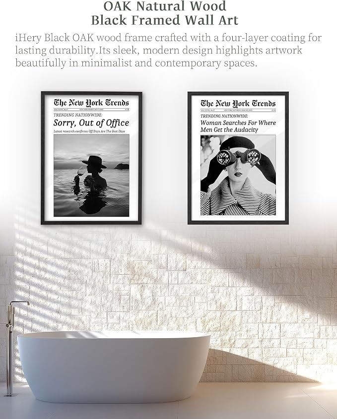 iHery 12x16in Sorry, Out of Office Framed Newspaper Wall Art | Premium Black OAK Wood Frame with Canvas Print, Coastal Vacation Decor for Bedroom, Dorm, Living Room and Bar Cart, 1Pack