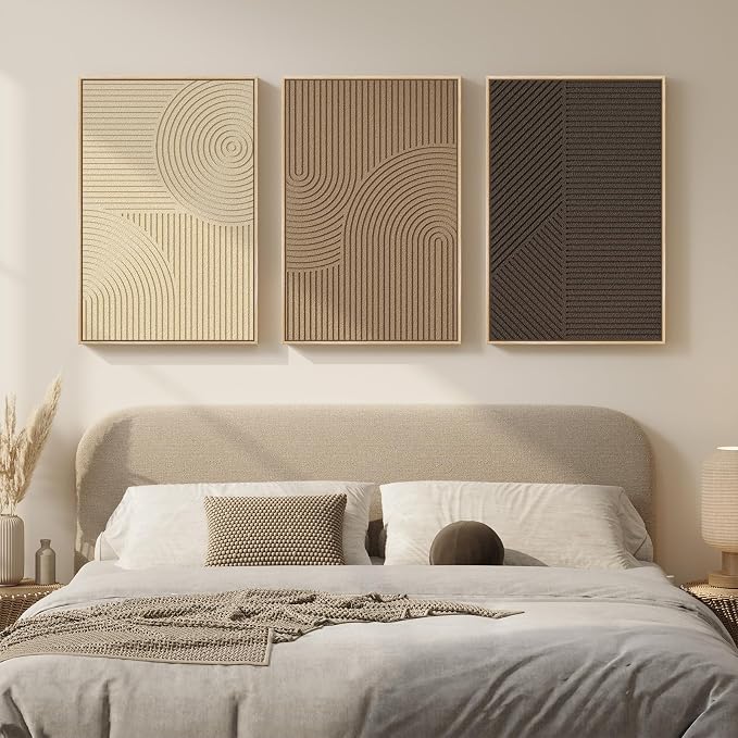 Large 3D Textured Framed Boho Neutral Wall Art for Living Room, 3 Piece Modern Minimalist Texture Paintings Artwork for Walls, Brown Beige Tan Geometric Pictures for Hallway Office Wall Decor 20x30 In
