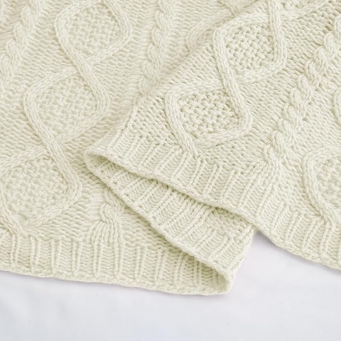 Homiest Cream White Cable Knit Throw Blanket Set of 3, with 2 Pillow Covers | Pure Acrylic, Lightweight & Breathable, All-Season Use, Machine Washable, Wrinkle & Fade Resistant, for Couch Bed And Sofa