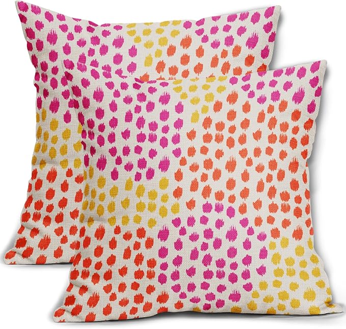 Pink Orange Yellow Throw Pillow Covers 18x18 Set of 2 Retro 70s Colored Hot Pink Preppy Room Decor Pillows Trendy Dot Decorative Outdoor Pillowcase Cushion Cover Linen Pillow Case for Sofa Couch Bed