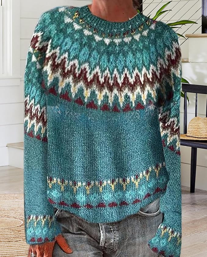 Zhyaj Fair Isle Sweater for Womens Winter Long Sleeve Vintage Knitted Sweater Casual Fall Crew Neck Pullover Sweaters