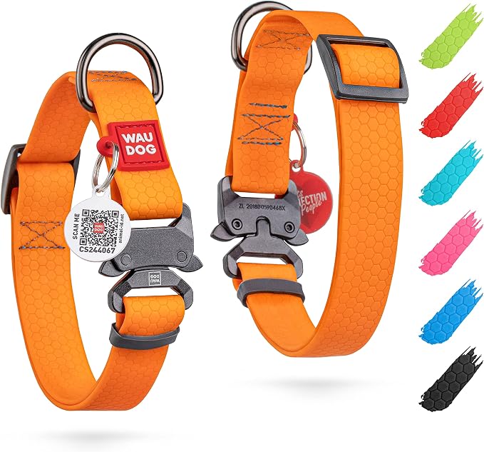 WAUDOG Waterproof Dog Collar Airtag Holder QR Tag Small Medium Large Dogs | Water and Dirt Resistant, Quick Dry QR Pet Tag Adjustable Durable Comfort for Male and Female Dogs Outdoor Walking Training