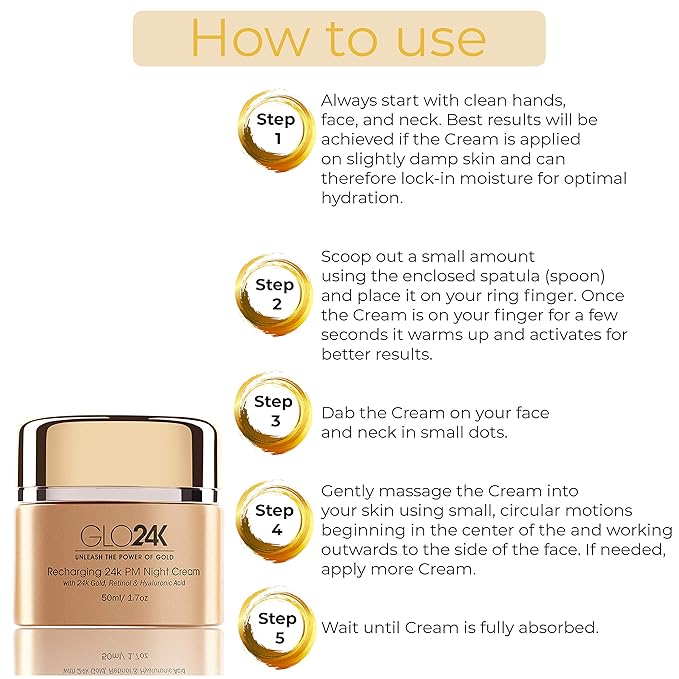 GLO24K Night Cream with 24k Gold, Retinol, Vitamins, and Hyaluronic Acid. Optimally Hydrate your Skin while you sleep.