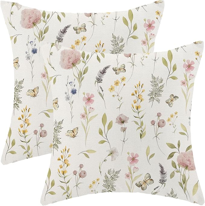 Spring Pillow Covers 18x18 Inch Set of 2, Sage Green Pink Wild Flower Throw Pillows Case,Colorful Seasonal Floral Plant Outdoor Decorative Farmhouse Decor Cushion Covers for Home Sofa Bed Couch