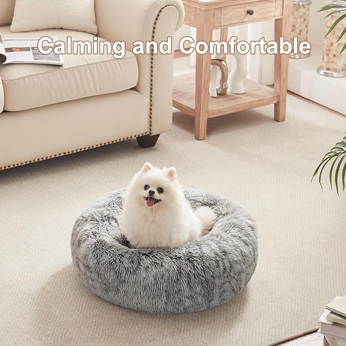 23 inches Faux Fur Fluffy Donut Dog Bed for Small Dogs,Dark Grey | Calming Plush Round Puppy Pet Bed with Removable & Washable Cover,Fits up to 25 lbs Pets