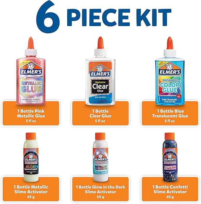 Elmer's Collection Slime Kit | Supplies Include Glow In The Dark Magical Liquid Slime Activator Metallic Magical Liquid Confetti Translucent Glue Metallic Glue Clear 6 Count